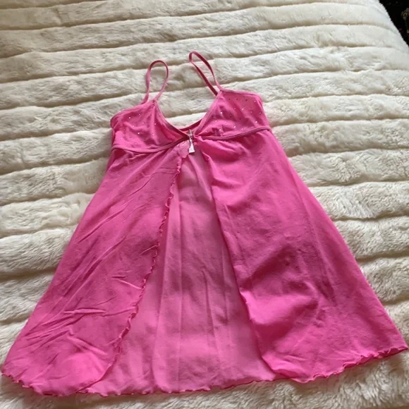 Silk&Satin pink sheer sparkling crystals open front chemise babydoll cami S - Picture 8 of 13